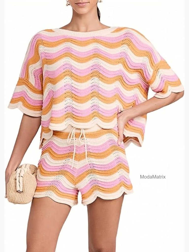 Striped Crochet Cover Up Set Short Sleeve Top Tied Shorts
